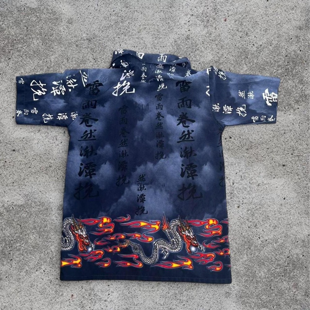 Youth Vintage Y2K Dragon Flame Button Up Shirt Black‎ Red Medium 10 12 Asian Art - Picture 4 of 4